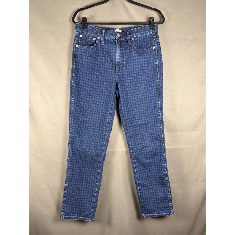 J.Crew Jeans Women 29 Blue Houndstooth Print Slim Straight High Rise Denim